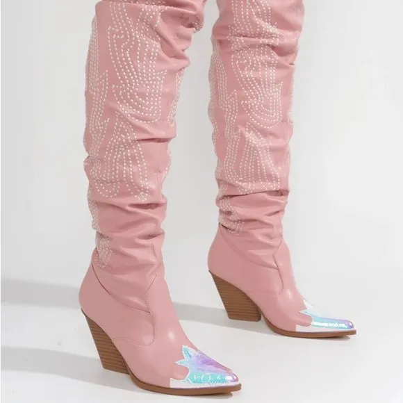 Rhinestone Pink Western Denim Booties
