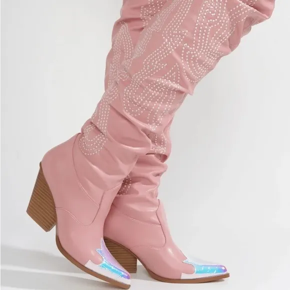 Rhinestone Pink Western Denim Booties