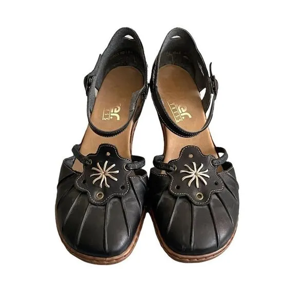RIEKER Black Leather Mary Jane Style Sandals Shoes With Heel Ankle Strap 38