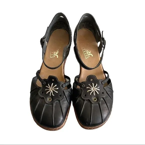 RIEKER Black Leather Mary Jane Style Sandals Shoes With Heel Ankle Strap 38