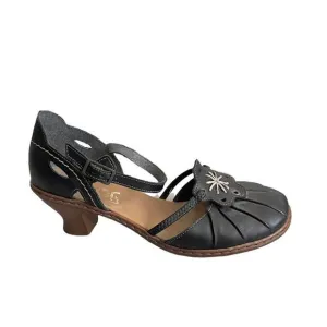 RIEKER Black Leather Mary Jane Style Sandals Shoes With Heel Ankle Strap 38