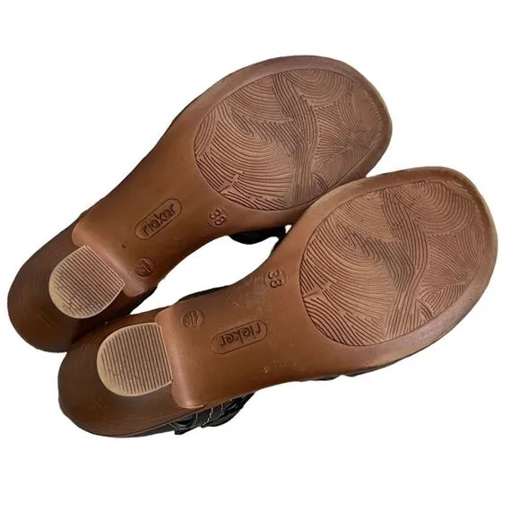 RIEKER Black Leather Mary Jane Style Sandals Shoes With Heel Ankle Strap 38