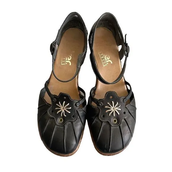 RIEKER Black Leather Mary Jane Style Sandals Shoes With Heel Ankle Strap 38