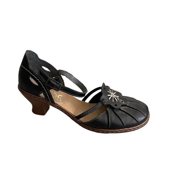 RIEKER Black Leather Mary Jane Style Sandals Shoes With Heel Ankle Strap 38