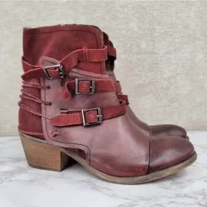 Roan Jag Bordo Leather Heeled Booties Size 6 Burgundy Staps Buckles Block Heel