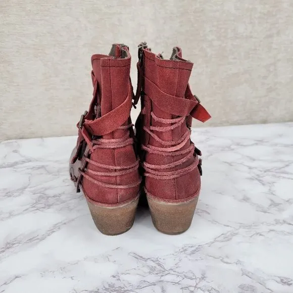 Roan Jag Bordo Leather Heeled Booties Size 6 Burgundy Staps Buckles Block Heel