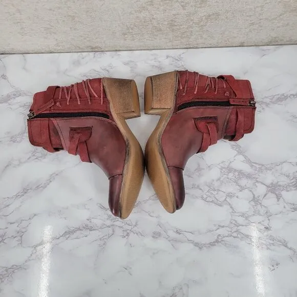 Roan Jag Bordo Leather Heeled Booties Size 6 Burgundy Staps Buckles Block Heel