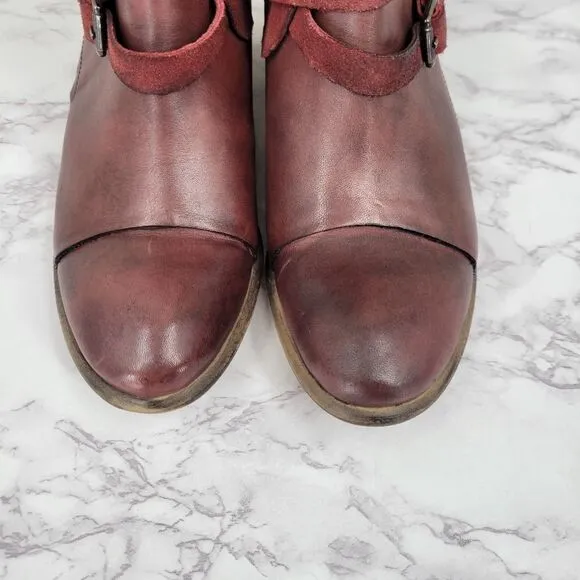 Roan Jag Bordo Leather Heeled Booties Size 6 Burgundy Staps Buckles Block Heel