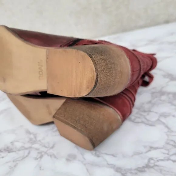 Roan Jag Bordo Leather Heeled Booties Size 6 Burgundy Staps Buckles Block Heel
