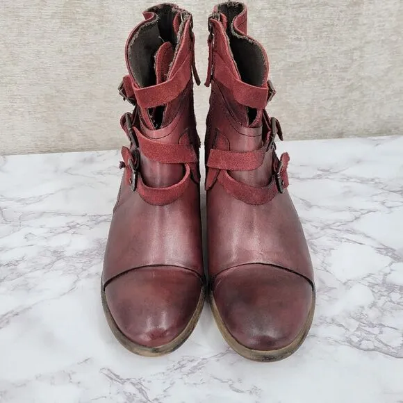 Roan Jag Bordo Leather Heeled Booties Size 6 Burgundy Staps Buckles Block Heel
