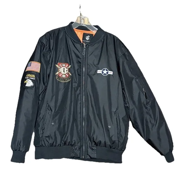 Rocawear Men's Black Embroidered Patch Bomber Full Zip Jacket Size Large $200