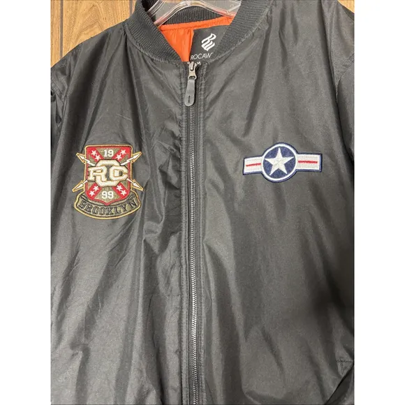 Rocawear Men's Black Embroidered Patch Bomber Full Zip Jacket Size Large $200