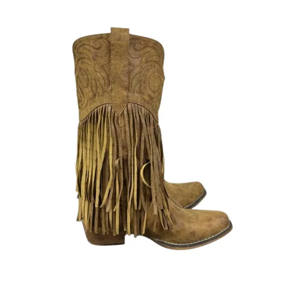 Roper Boots Womens 9 Brown Rickrack Embroidery Fringe Cowboy Mid Calf Western