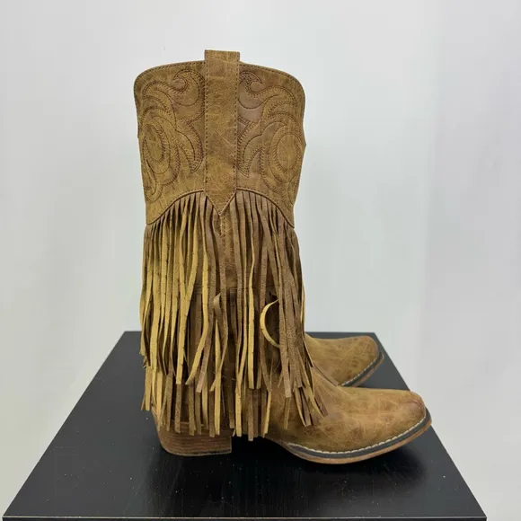 Roper Boots Womens 9 Brown Rickrack Embroidery Fringe Cowboy Mid Calf Western