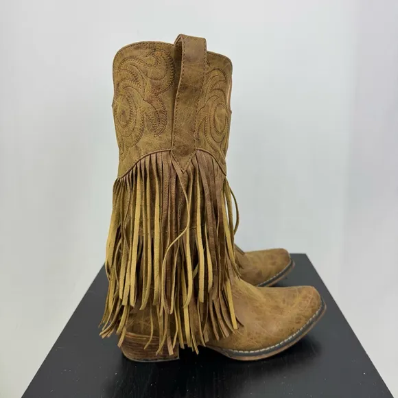 Roper Boots Womens 9 Brown Rickrack Embroidery Fringe Cowboy Mid Calf Western