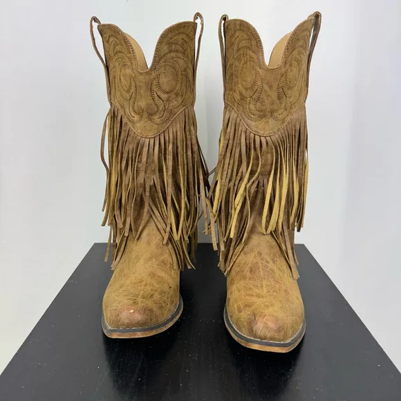 Roper Boots Womens 9 Brown Rickrack Embroidery Fringe Cowboy Mid Calf Western
