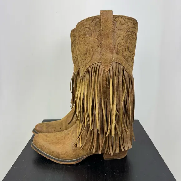 Roper Boots Womens 9 Brown Rickrack Embroidery Fringe Cowboy Mid Calf Western