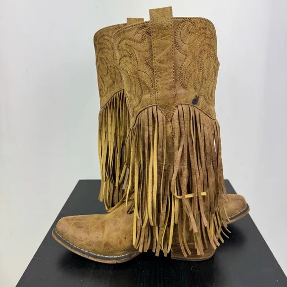 Roper Boots Womens 9 Brown Rickrack Embroidery Fringe Cowboy Mid Calf Western