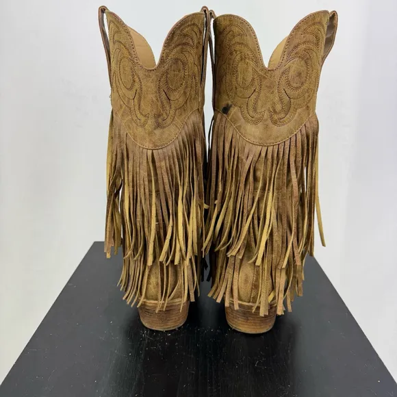 Roper Boots Womens 9 Brown Rickrack Embroidery Fringe Cowboy Mid Calf Western