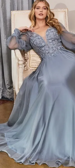 Rose gold long sleeve formal dress,  blue lace applique floor length gown