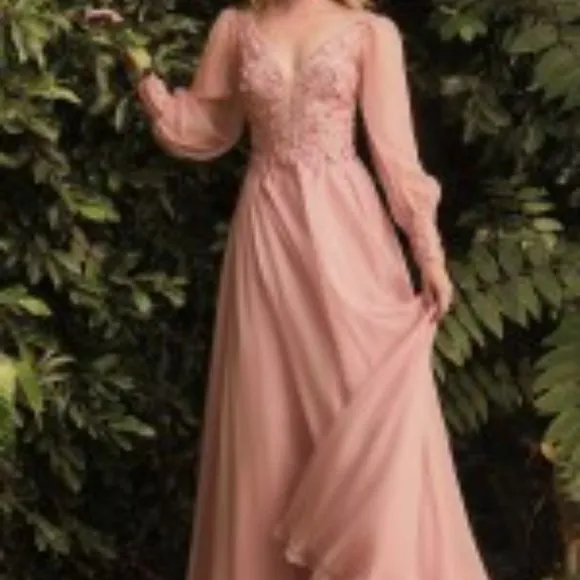 Rose gold long sleeve formal dress,  blue lace applique floor length gown
