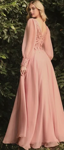 Rose gold long sleeve formal dress,  blue lace applique floor length gown