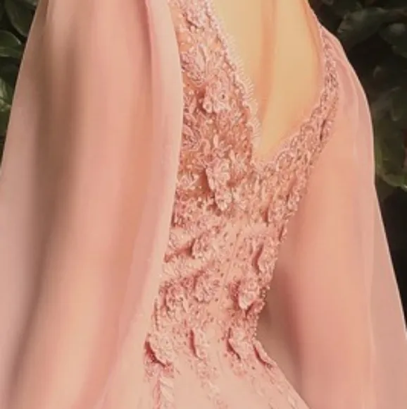 Rose gold long sleeve formal dress,  blue lace applique floor length gown