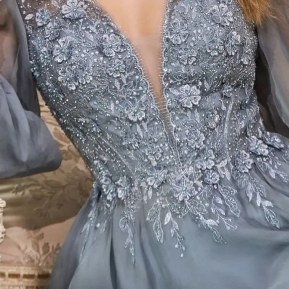Rose gold long sleeve formal dress,  blue lace applique floor length gown
