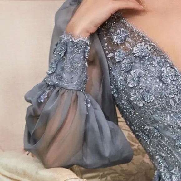 Rose gold long sleeve formal dress,  blue lace applique floor length gown