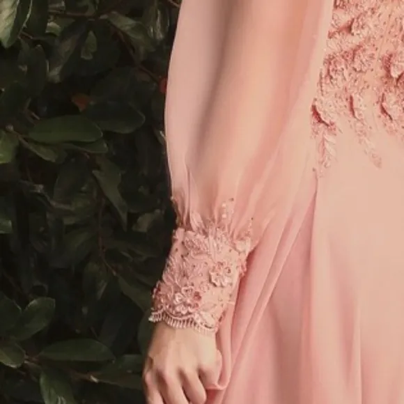 Rose gold long sleeve formal dress,  blue lace applique floor length gown