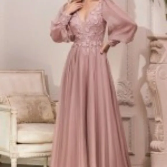 Rose gold long sleeve formal dress,  blue lace applique floor length gown
