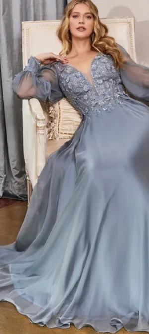 Rose gold long sleeve formal dress,  blue lace applique floor length gown