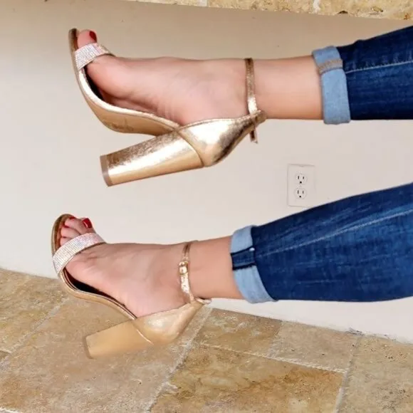 Rose Gold Rhinestone Accent Metallic Chunky Heels‎