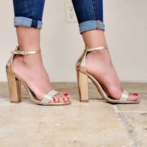 Rose Gold Rhinestone Accent Metallic Chunky Heels‎