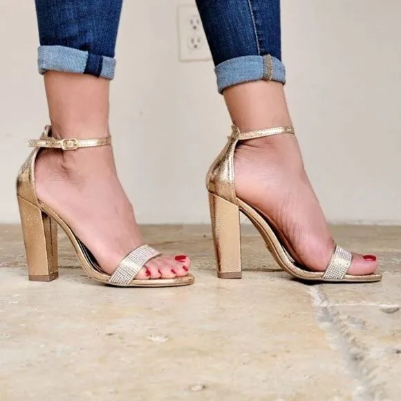 Rose Gold Rhinestone Accent Metallic Chunky Heels