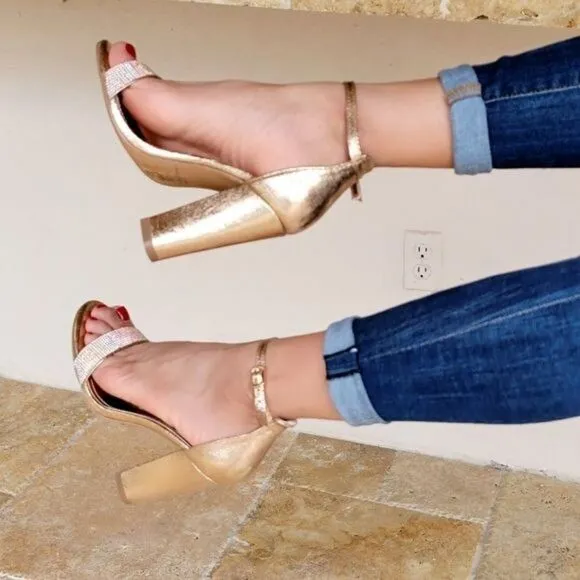 Rose Gold Rhinestone Accent Metallic Chunky Heels