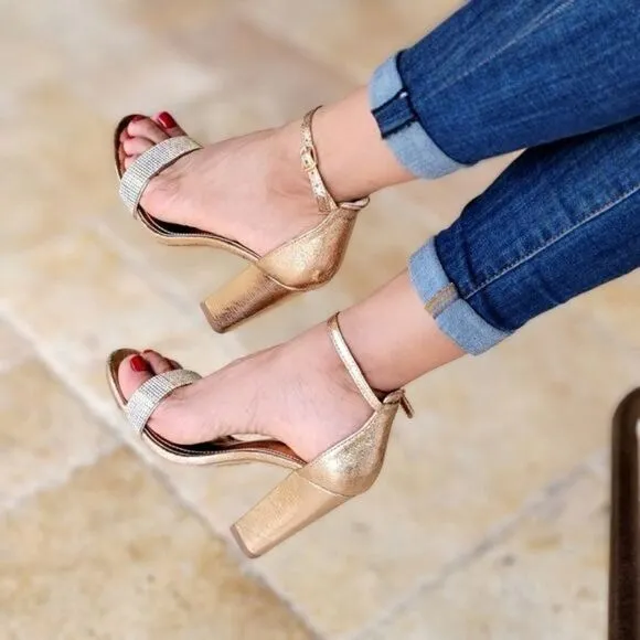 Rose Gold Rhinestone Accent Metallic Chunky Heels