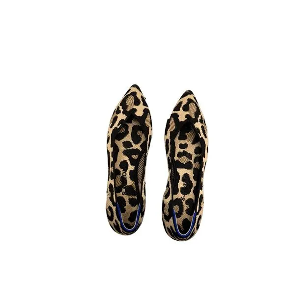 Rothy's The Point Toe Ballet Flat Leopard Print Cream and Black Size W7.5 NWOT