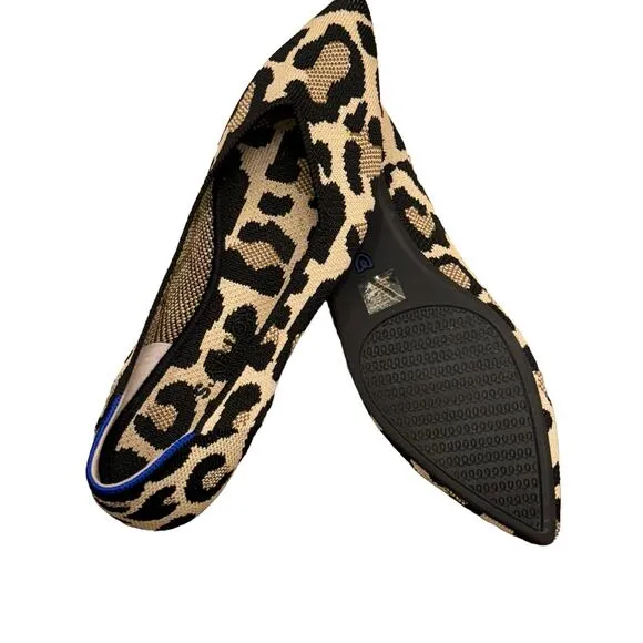 Rothy's The Point Toe Ballet Flat Leopard Print Cream and Black Size W7.5 NWOT