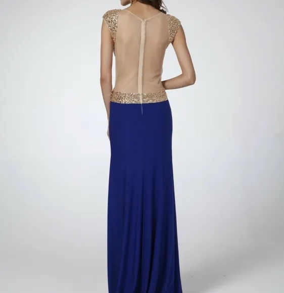 Royal blue sheath stretch knit gown low back