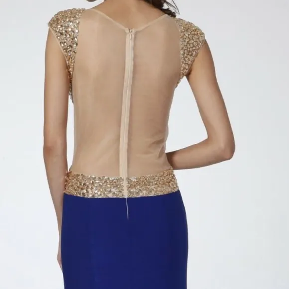 Royal blue sheath stretch knit gown low back