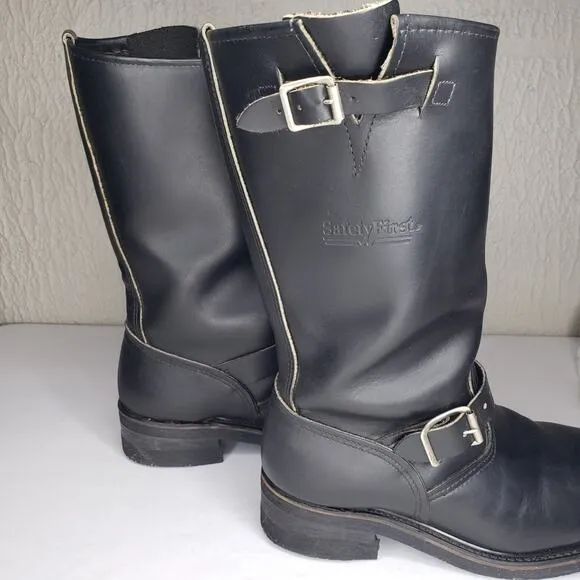 SAFETY FIRST Mens 8 D Black Leather Motorcycle Engineer Boots Steel Toe 1551