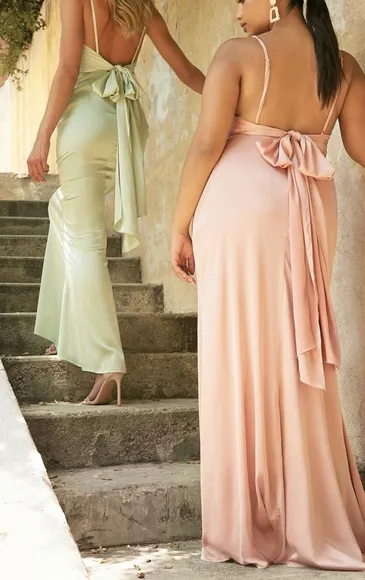 Sage green, lavender, dusty rose, navy blue satin fitted long open back dress