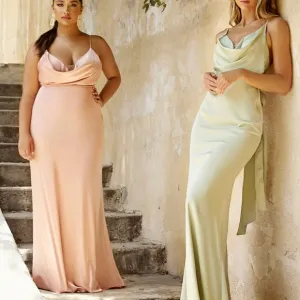 Sage green, lavender, dusty rose, navy blue satin fitted long open back dress