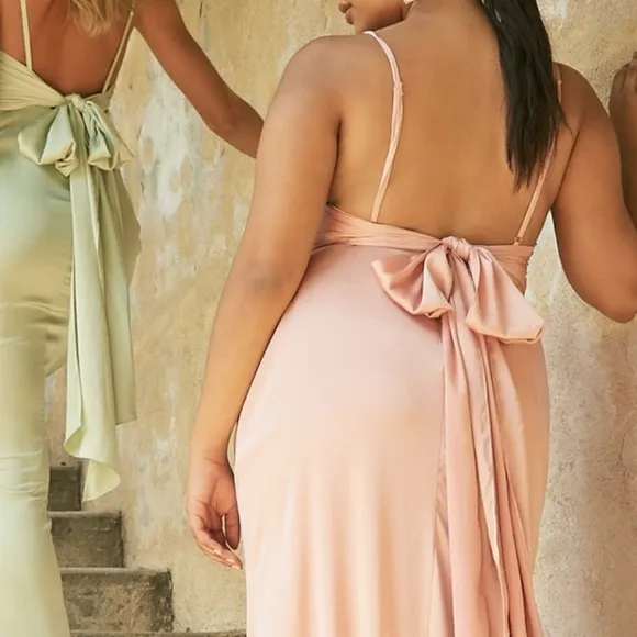 Sage green, lavender, dusty rose, navy blue satin fitted long open back dress
