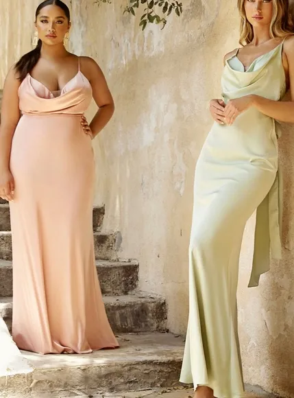 Sage green, lavender, dusty rose, navy blue satin fitted long open back dress