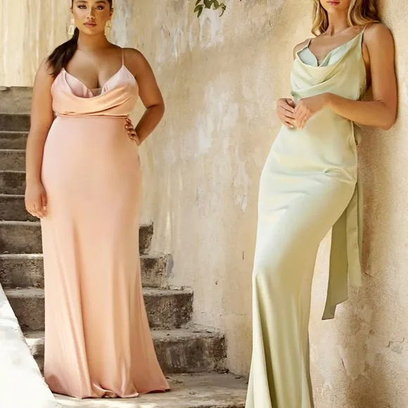 Sage green, lavender, dusty rose, navy blue satin fitted long open back dress