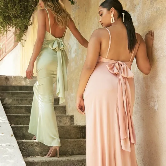 Sage green, lavender, dusty rose, navy blue satin fitted long open back dress
