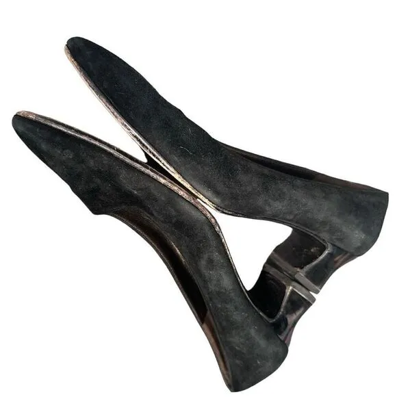 SALVATORE FERRAGAMO Black Suede Leather Handmade In Italy Pumps Heel Comfortable