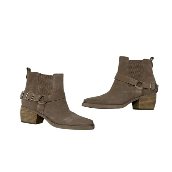 SAM EDELMAN Boots Ankle Booties Bellamie Brown Taupe Leather Harness Size 7.5